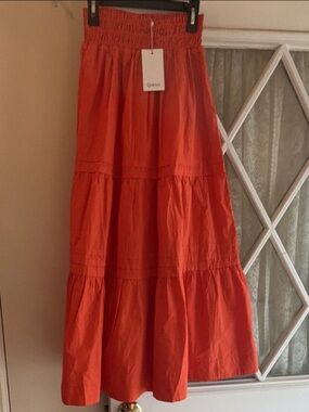Quince Coral-Red Tiered Maxi Skirt with Smocked Waist